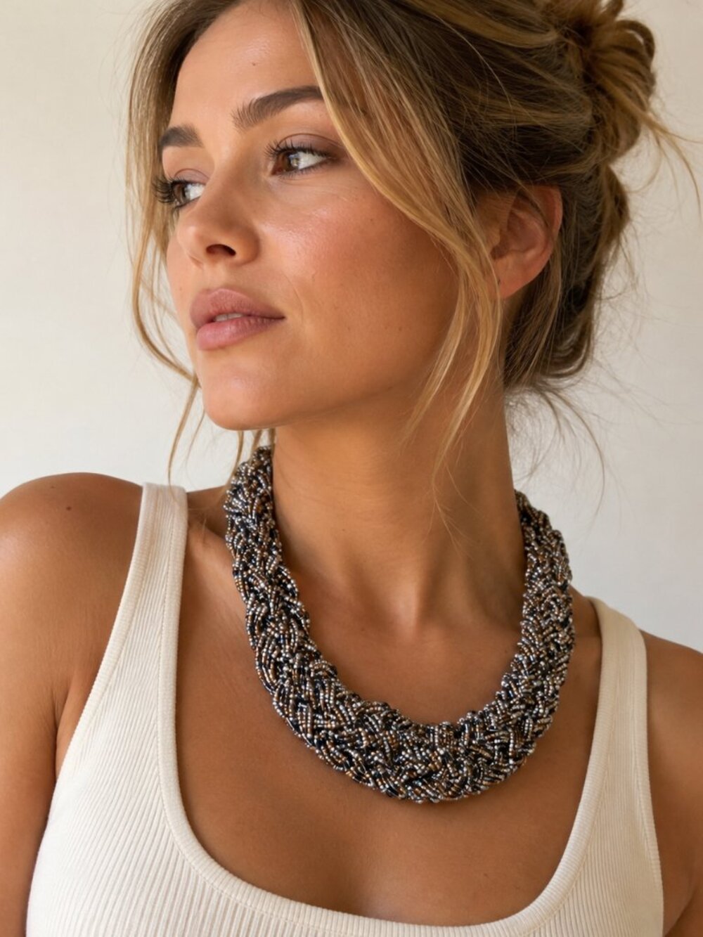 Statement Braided Multi-Strand Beaded Necklace | Metallic Silver | Boho Glam